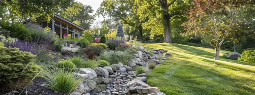 blue fescue grass clump in a rock garden beside a sunny lawn and cottage