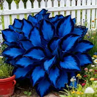 blue hosta shade garden with large leaves by a white fence and flowers
