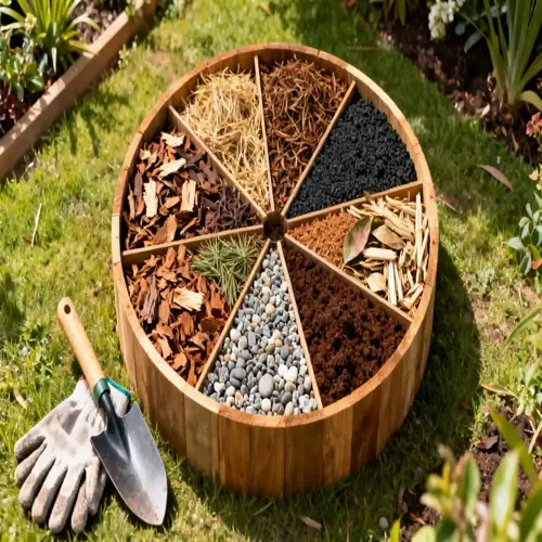 circular tray of cardboard garden bed mulch samples with bark, straw, pebbles and soil beside garden tools