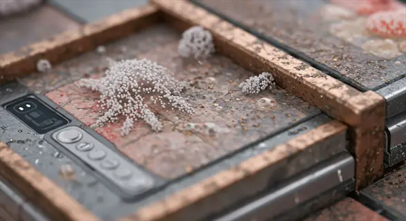 close-up of a bokashi bucket kitchen lid with microbes and worn controls