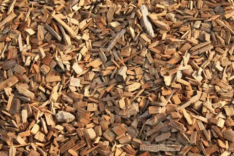 close-up of wood chip mulch scattered across the ground
