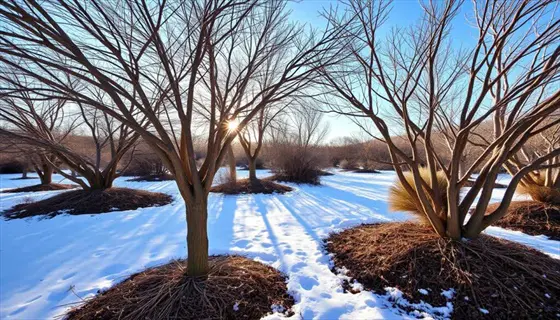 coral bark maple winter trees in snow with low sun and long shadows