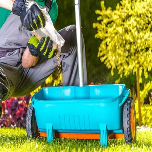 gardener pouring granules from a bone meal fertilizer bag into a lawn spreader