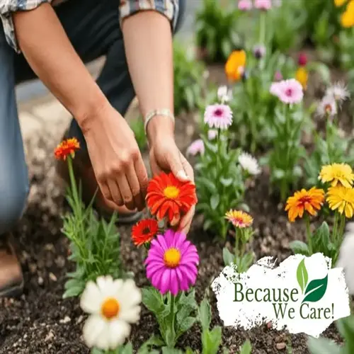 hands planting colorful pollinator garden flowers with a because we care logo