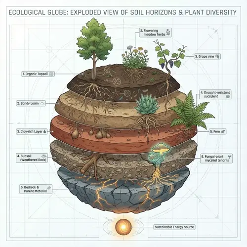 illustrated lasagna garden layers of soil horizons with plants, roots, rocks, and labeled strata