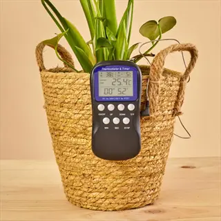 indoor plant thermometer hanging on a woven basket planter with green houseplant