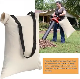 leaf vacuum mulcher bag with shoulder straps shown alone and in use collecting leaves