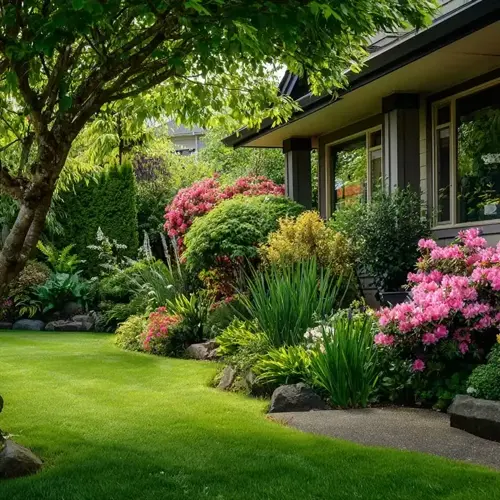 lush drought tolerant garden with flowering shrubs, grasses, and a green lawn beside a house