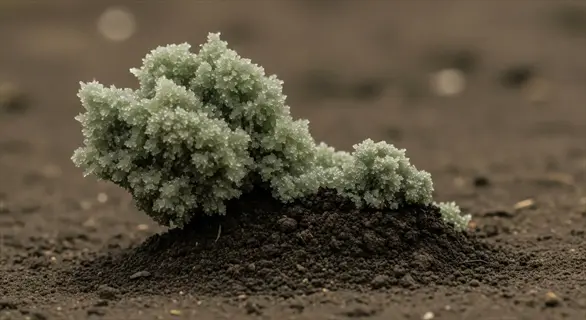 macro view of wetland soil bacteria forming pale green colonies on dark soil