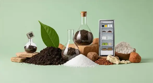 phosphate powder fertilizer in lab flasks with soil, leaf, minerals, and storage cabinet