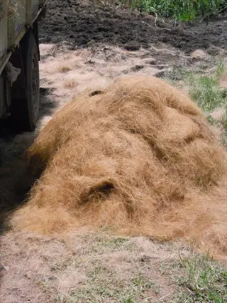 pile of coconut coir soil fibers on the ground near a truck