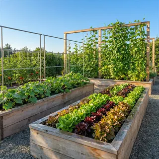 raised salad garden strip bed with lettuce rows, wooden planters, and climbing beans