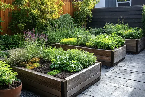 raised spinach lettuce garden beds with herbs on a sunny patio