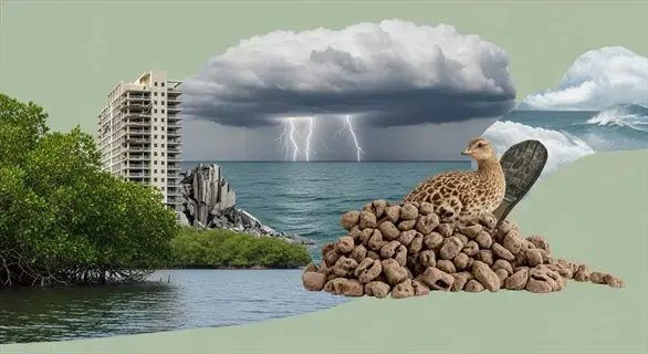 seabird guano fertilizer pile with a coastal bird, storm clouds, ocean waves, mangroves and buildings
