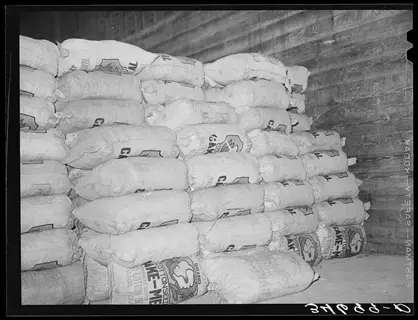 stacks of cottonseed meal sack bags in a storage room