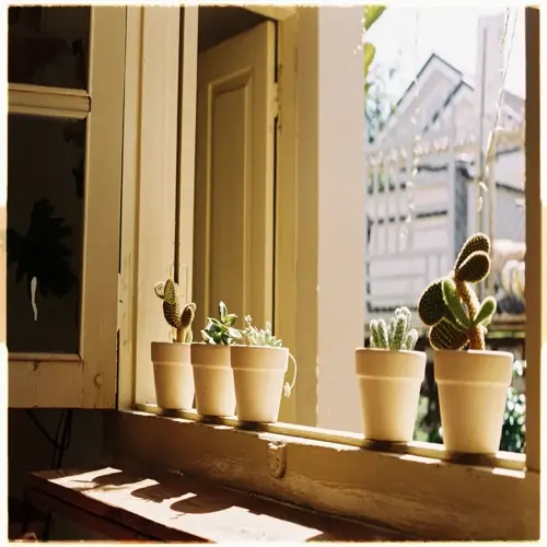 sunlit potted succulents windowsill with small cactus plants by an open window