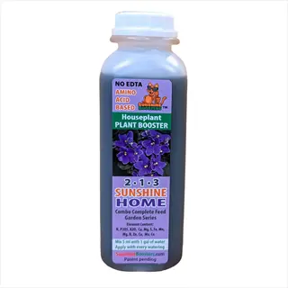 sunshine home houseplant liquid fertilizer bottle with purple flower label