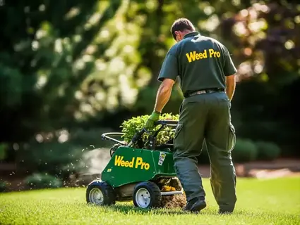 weed pro worker spreads grass clippings mulch across a sunny lawn with a green machine